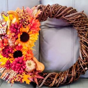 Autumn Harvest Wreath with Sunflowers and Pumpkins